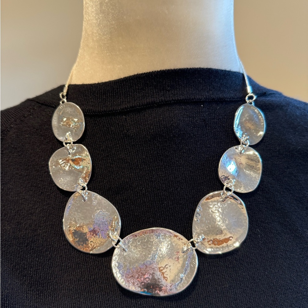 Silver Tone Hammered Disc Statement Necklace Adjustable Chain